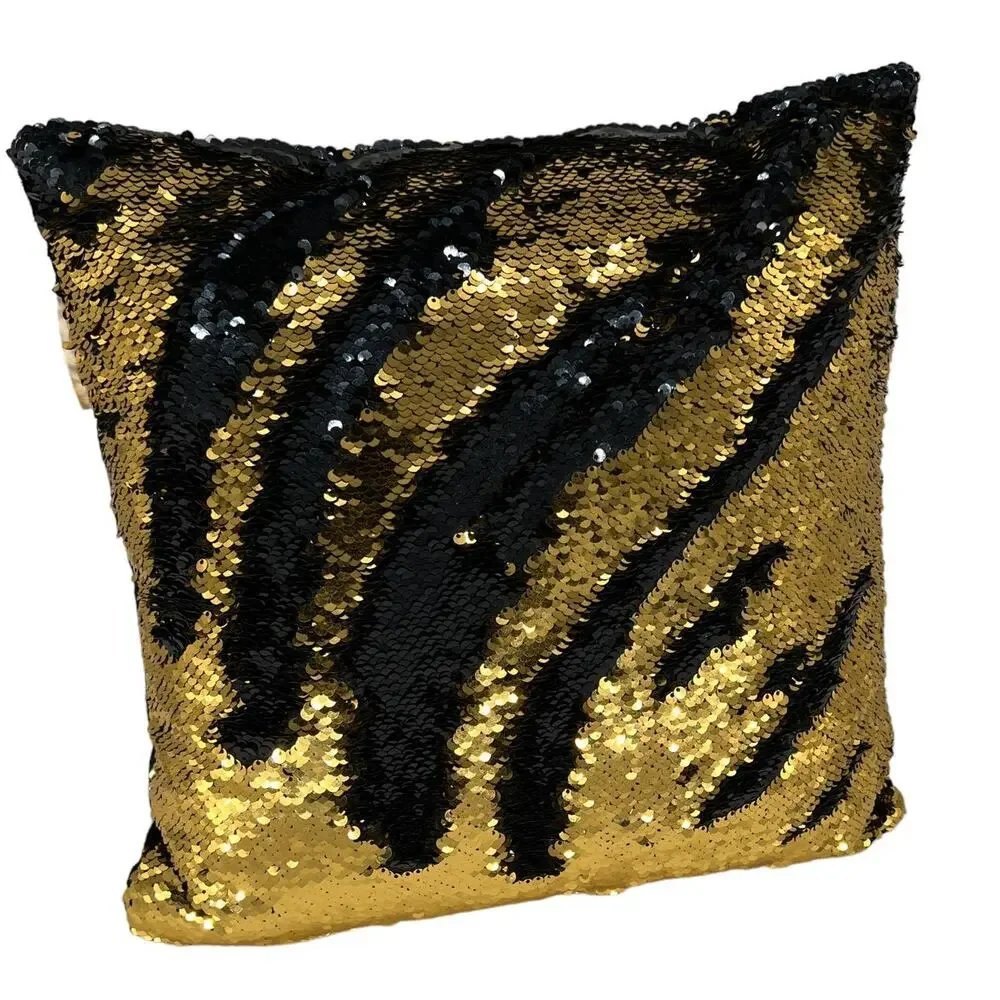 Square Sequin Magic Mermaid Throw Pillow Sparkling Black/Gold Color Shift -Black